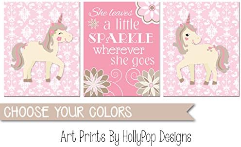 Pink nursery art, Unicorn nursery decor, Baby girl wall art, Nursery art prints, She leaves a little sparkle, Pink girls room decor, Girl nursery decor - SET OF 3 UNFRAMED ART PRINTS #1533