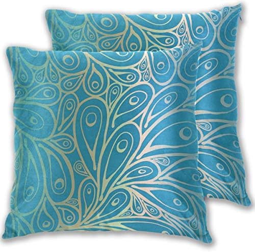 Juzijiang Doodle Peacock Feathers Square Decorative Throw Pillows Cushion Covers Cases Pillowcases for Sofa Bedroom Car Chair (18 X 18 inches, 45 x 45 cm), 2 Pieces