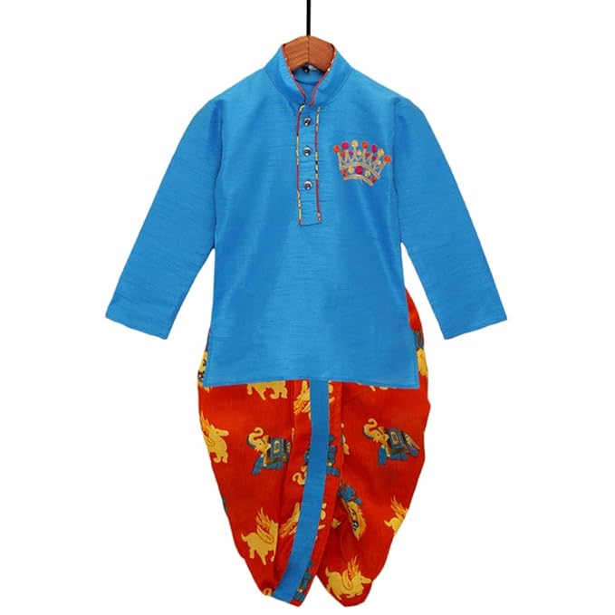 Kid1 By Hopscotch Boys Silk Animal Print Kurta With Dhoti In Blue Color