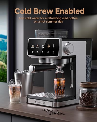 AMZCHEF Bean to Cup Coffee Machines 20 Bar - 20 Grind Settings & 3-Temp Control, Hot/Cold Brew Coffee Machine with Grinder with Color Touchscreen