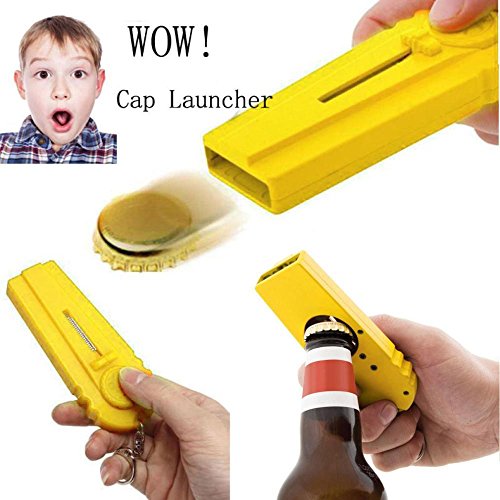 Beer Bottle Opener, Sacow Jar Opener Shooter by Spinning Cap Zappa Bottle Top Opener Launcher with Keychain (Yellow)