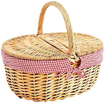 Natural Wicker Basket with Lid and Handle (40 x 30 x 18 cm Oval Dish) Willow Shopping Basket & Picnic Basket Empty with Interior Lining – Red/White