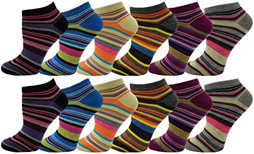Womens No Show Ankle Socks, 12 Pairs Fun Funky Patterned Designs, Colorful Casual Athletic Sport Sock (Thin Stripes)