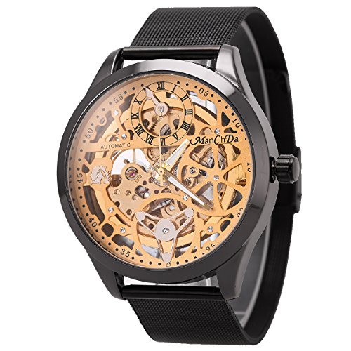 Mens automatic skeleton mechanical watch mesh band luxury busines…