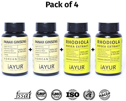 iAYUR Panax Ginseng 400 Mg 60 Veg Caps & Rhodiola Rosea 500 Mg 60 Veg Caps | Stress Relief & Focus Value Pack of 4