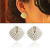 Ikevan 2017 New Fashion Women's 1 Pair Fashion OL Style Women Stud Earrings Pearl Rhombus Crystal Rhinestone
