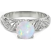 MOTIEL 2ct Vintage Round Cut Opal Engagement Rings For Women 925 Sterling Silver Dainty Genuine Opal Promise Ring October Birthstone Opal Ring For Her