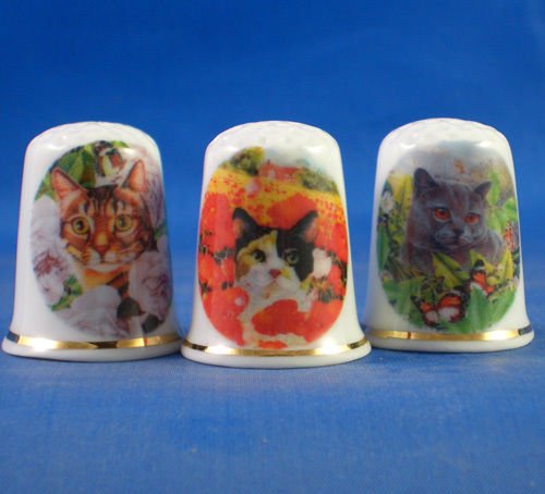 Porcelain China Collectable Thimbles - Set of Three Cats in Flowers