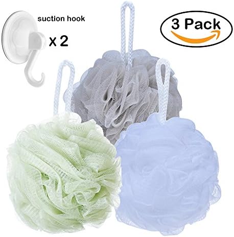 Shower Sponge Loofahs Bath Poufs Large with Bath Suction Hooks (60g/pcs)- Pack of 3