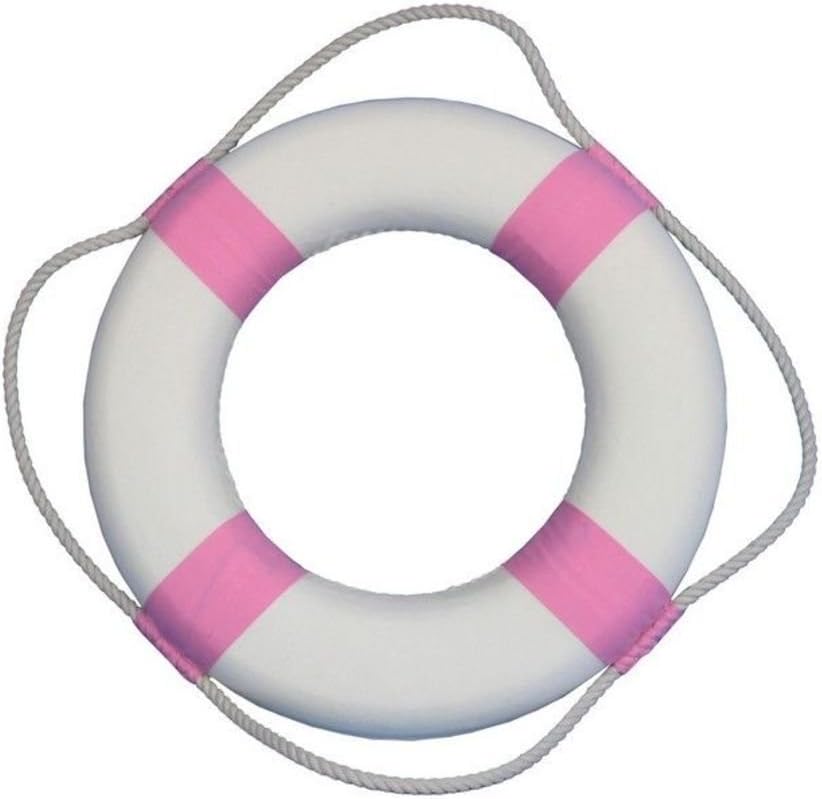 Hampton Nautical Classic White Decorative Life Ring with Pink Bands, 15"