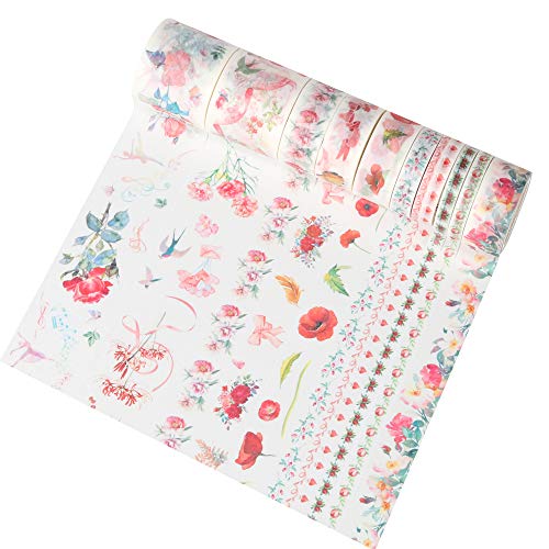 Molshine Floral Washi Masking Tape Set of 10, Spring Flower Decorative Sticky Paper Tapes for DIY Craft, Gift Wrapping, Bullet Journal, Planner, Scrapbooking (A) - Thumbnail 2