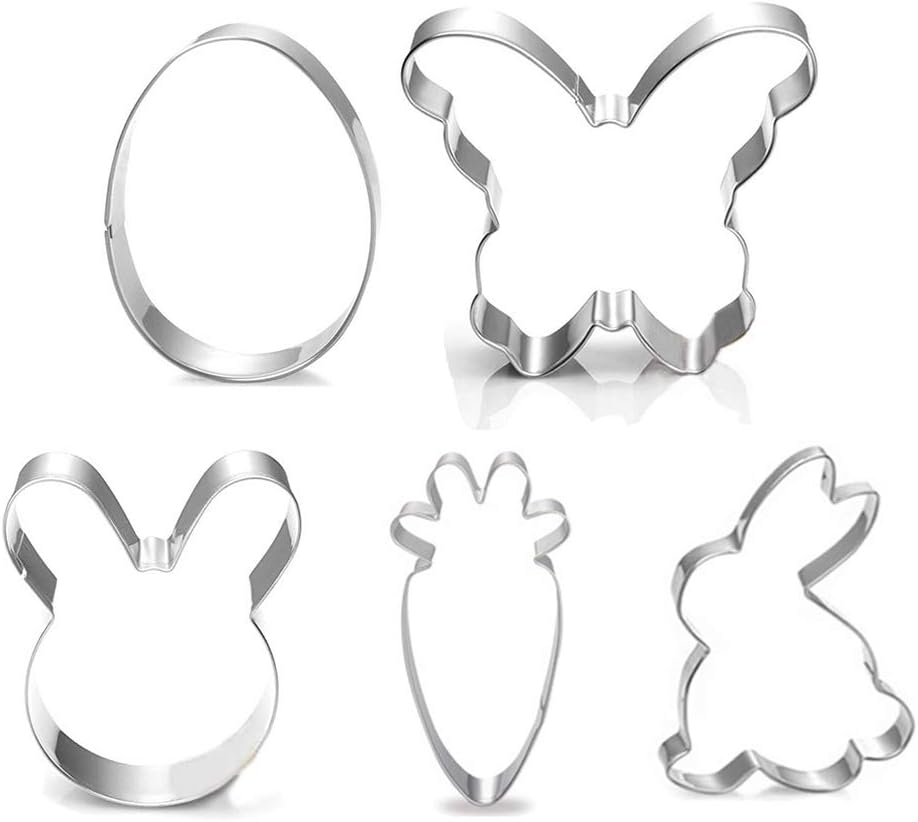 Easter Cookie Cutter Set - 5 Piece - Egg, Easter Bunny, Bunny Face, Butterfly, Carrot Shapes for Easter Party Baking, Cake Decoration