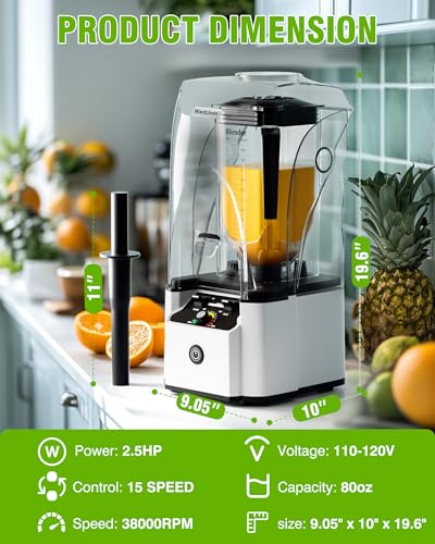 WantJoin - Licuadora silenciosa – Licuadora de cocina con motor de cobre de 2.5 CV, tarro de 88 onzas, licuadoras silenciosas multifuncionales para batidos, jugos, sopas, salsa, con 15 velocidades
