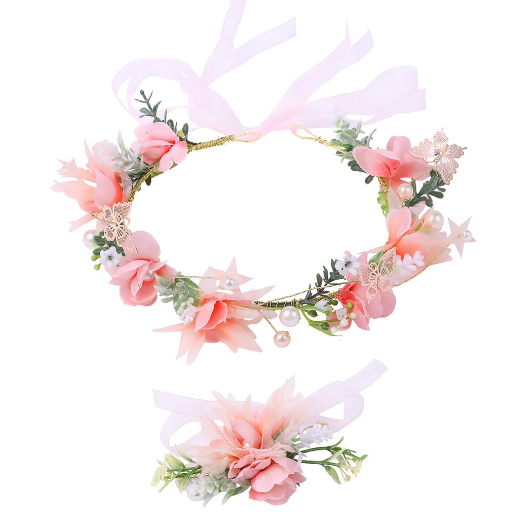 IYOU Wedding Flower Headband Set Pink Floral Crown Hair Wreath Pearl Bride Bridesmaid Hair Accessories with Wristband for Women and Girls