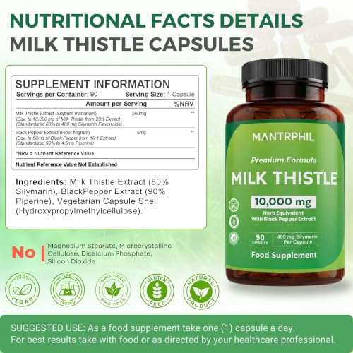 Milk Thistle High Strength 10000mg | 400mg Silymarin per Capsule | 90-Day Supply | with Black Pepper | Vegan Herbal Food Supplement | Lab Tested