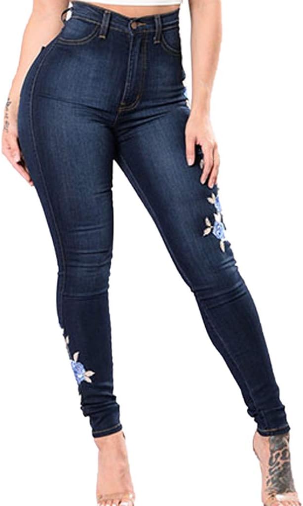 Womens Jeans Pants,Ladies Embroidered with High Elasticity Straight Barrel and Tight Legs Jean
