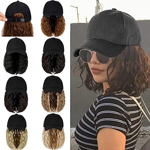 Qlenkay Baseball Cap Hair with 14 inch Wave Curly Bob Hairstyle Adjustable Wig Hat Attached