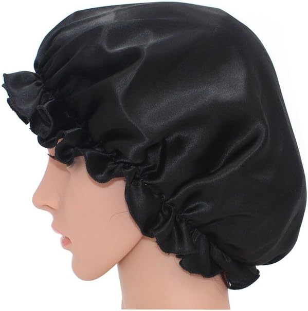 YL trd V Natural Silk Sleep Night Cap Head Cover Silk Bonnet for Hair Beauty (BLACK)