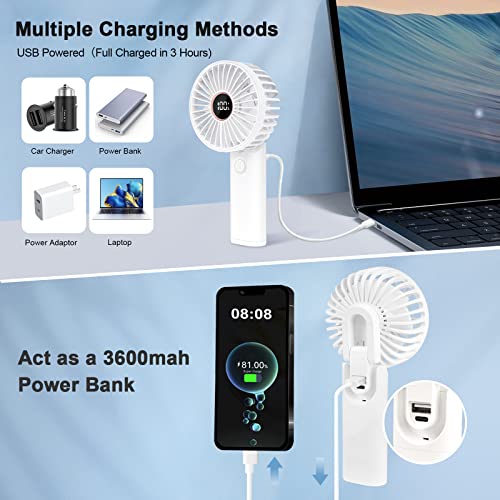 Mini Portable Handheld Fan, 3600mAh Rechargeable Small Fan, USB Fans Portable Battery Operated 6 Speeds, Pocket Ventoinha Table Silent Battery, Portable Hand Fan Foldable White