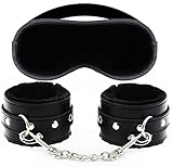 HLLMART Super Soft Comfortable Fur Leather Handcuffs and Eye Mask for Sex Play (black set)