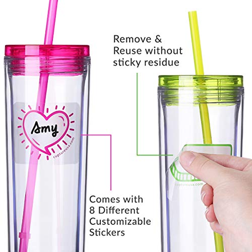 Cupture Skinny Acrylic Tumbler Cups with Straws - 18 oz, 8 Pack (Assorted Colors) - Thumbnail 2