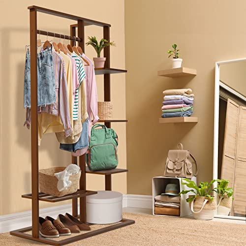 medla Bamboo Clothes Rack Stand: Cloth Hanger Wood Clothing Hanging Rail Standing Garment Rack with 1 Hanging Rod 3 Tier Side Storage Shelves and 2 Tier Bottom Shelves for bedroom Office Home