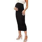 OYOANGLE Women's Maternity Skirt Over The Belly Elastic High Waisted Stretchy Ruched Bodycon Midi Skirts