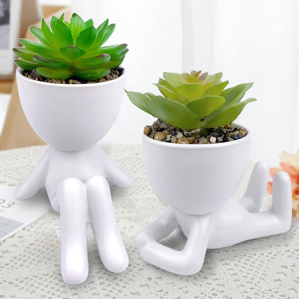 ODIWEN 2 PCS Mini Fake Succulents Mini Artificial Succulent Desk Plant in Pots, Artificial Plants with Creative Human Shape Pots, Decorative Fake Succulent Faux Plastic Plant Indoor
