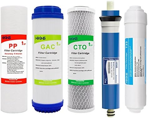 HiKiNS Reverse Osmosis Replacement Filter Set (PP Sediment,GAC,CTO,T33 Post Carbon and 125GPD Ro Membrane) for Universal 5-Stage Under Sink Water Filtration Systems(5-Pack)