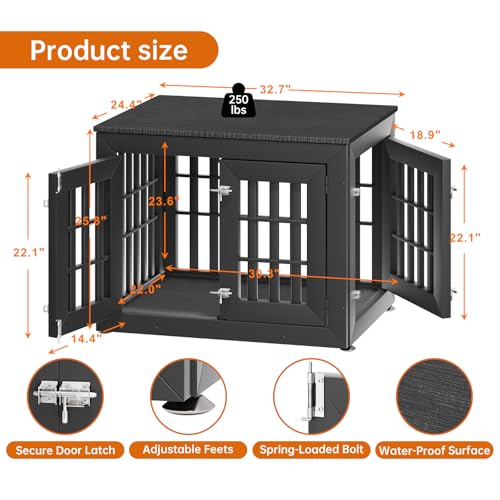 32" Heavy Duty Dog Crate Furniture for Small,Medium and Large Dogs,Rustic Wooden Dog Cage Kennel Indoor Furniture with Waterproof Top,Decorative Pet House Side End Table (Black)
