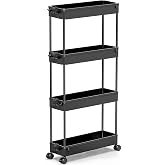 SPACEKEEPER Slim Rolling Storage Cart, 4 Tier Bathroom Cart Organizer,Black | Narrow Rolling Cart with Wheels for Kitchen Office Bathroom Laundry Room,Mobile Utility Cart for Craft Art Makeup Nail Polish