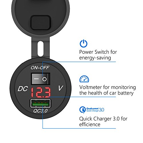 HiGoing 12V/24V Marine USB Outlet, Waterproof QC3.0 USB Charger Socket with Voltmeter Monitoring and On/Off Switch for Car Boat Motorcycle Mobile (Updated with QC3.0)