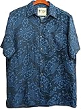 Mens Silk Linen Blend Hawaiian Camp Shirt Navy Blue Floral Casual