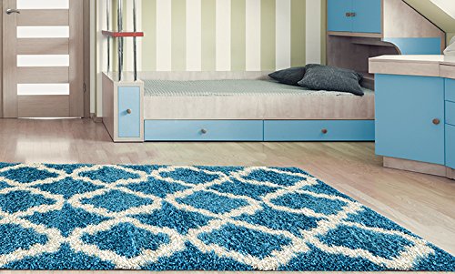 Adgo Chester Shaggy Collection Moroccan Mediterranean Trellis Lattice Design Vivid Color High Soft Pile Carpet Thick Plush Fluffy Furry Bedroom Living Room Shag Floor Rug, Aqua White, 8'1 x 10'3