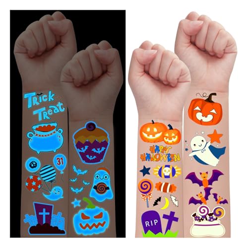 Partywind 56 Sheets Luminous Blue Halloween Tattoos for Kids Party, 520 Styles Halloween Party Supplies Favors Decorations for Boys and Girls Treats, Goodie Bag Stuffers for Trick or Treat Party