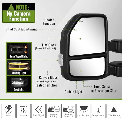 Siziom Towing Mirrors for F150 Ford Pickup 2021-2025, F250 (2023-2025) Tow Mirrors with Turn Signal & Running Light Heated Power Glass Pair Set (Unpainted)