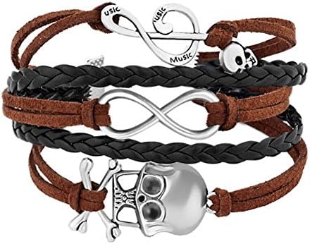 LuckyJewelry Braided Leather Wrap Bracelet Sideways Infinity Skull Music Notess Wristband Bracelets