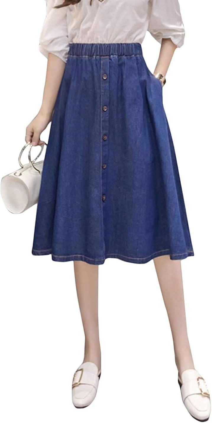 Lazutom Womens Summer Retro Elastic Waist Button Knee Length Pleated