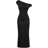 Milumia Girl's Off The Shoulder Ruched Maxi Dress Asymmetrical Short Sleeve Split Bodycon Dresses