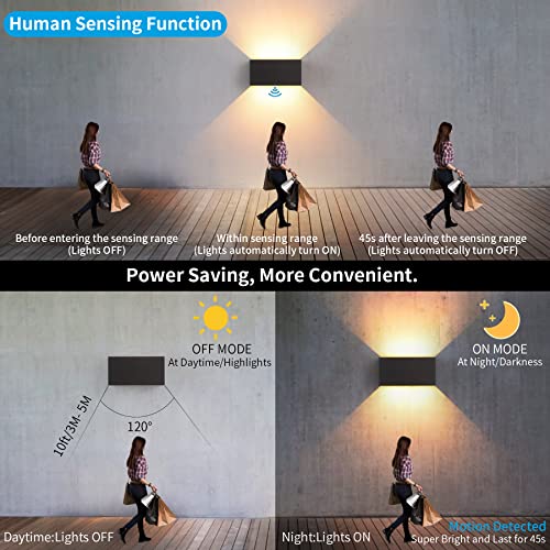 LED Wall Light Indoor/Outdoor with Motion Sensor, 24 W Wall Lamp, IP 65 Waterproof Outdoor Wall Light, 3000 K Warm White Wall Lighting, Modern Outdoor Light with Up Down Adjustable Beam Angle, Black