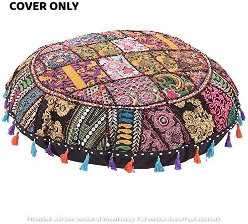 GANESHAM Indian Handmade Vintage Patchwork Cotton Boho Chic Bohemian Hand Embroidered Decorative Ethnic Foot Stool Round Floor Pillows & Cushion Cover Seating Pouf Ottoman (Black, 22 Inch)