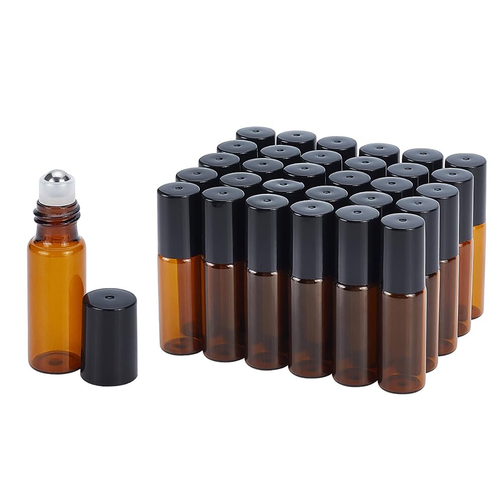 BENECREAT 30 Pack of 5 ml Amber Glass Bottles Essential Oils Roller Bottles with Stainless Steel Balls for Essential Oils/Other Liquids