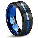 Queenwish 8mm Blue and Black Tungsten Carbide Wedding Band Two Tone Brushed Couples Ring Size 6-14