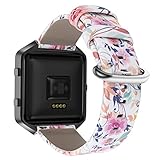 YOUKEX Compatible with Fitbit Blaze Bands, Floral Printed Leather Wristband with Black Stainless Steel Frame for Fitbit Blaze Smartwatch Women Men