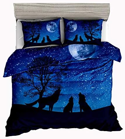 Jwellking Wolf Bedding Sets for Kids,3 Piece Queen Size Duvet Cover Set,with Hide Zipper,1 Duvet Cover+2 Pillow Shams