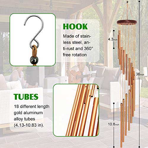 econoLED Wind Chimes, Large Wind Chimes, Amazing Garden Outdoor Handmade Chimes 36" with 18 Aluminum Alloy Musically Tubes & S Hooks for Garden, Patio, Porch or Backyard Xmas Decor