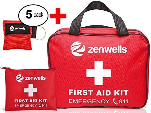 First Aid Kit Trauma Bag Bundle with 5-Pack CPR Mask Key Chain, All-Purpose Emergency Response Kit with Mini First Aid Kit - The Ultimate Travel and Camping Medical Kit. Be Prepared Anywhere You Go!
