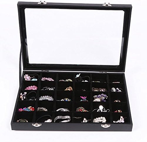 NOVADEAL 30 Grids Velvet Glass Jewelery Display Tray Case Ring Earring Accessories Storage Organiser Box - Black