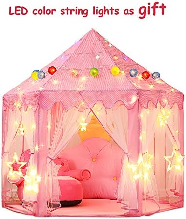 Green Eggplant 140x135cm Extra Large Children Kids Fairy Princess Castle Tents Girls Pink Play Castle Hexagon Playhouse for Indoor/Outdoor Use Foldable with Carry Case