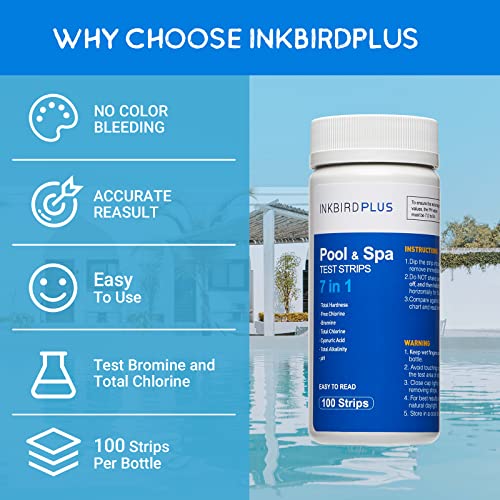 INKBIRDPLUS Pool and Spa Test Strips 100 ct 7 Way Pool Chemical Testing